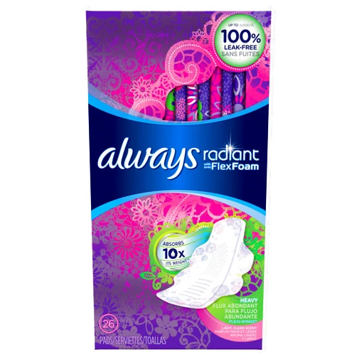 Always Radiant Heavy with Wings Scented Pads, 26 Count (Pack of 6)