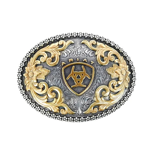 ARIAT Oval Buckle with Logo, Floral Scrolls and Filigree Detail, Antique Gold and Silver Finish, 3.75
