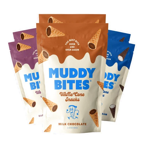 Muddy Bites Waffle Cone Snacks Bite Sized Filled Cone Bites for Snack or Dessert, Milk, Dark, Cookies 'N Cream, Made with Cane Sugar, Kosher, Fair Trade Certified (Variety Pack, 6 Bags)