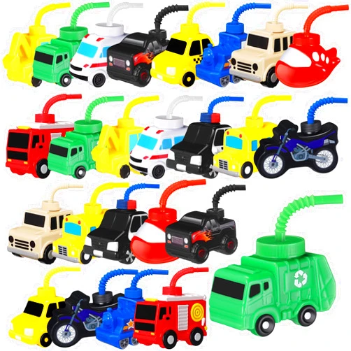Mifoci 24 Pcs Truck Traffic Vehicle Cups with Straws, 10 oz Plastic Transportation Shape Cup Reusable Race Car Plastic Cups Bulk Truck Birthday Party Favor for Kids Car Party
