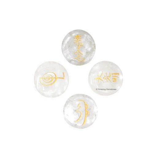 Amazing Gemstone Clear Quartz Crystal Reiki Stones with Engraved Symbols for Usui Reiki Healing, Set of 4 Pcs (Indian Handmade Reiki Gift Set)