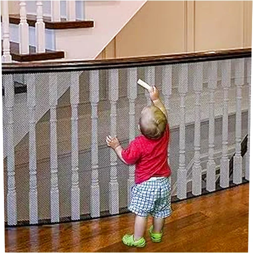JIFTOK Baby Gate for Stairs, Banister Guard for Kids, Pets, Toys, 2 Set 15ft L x 2.66 ft HMesh Netting Safety Net for Balcony Rail Stair, Stairway Net Safety Products for Indoor & Outdoor (Black)