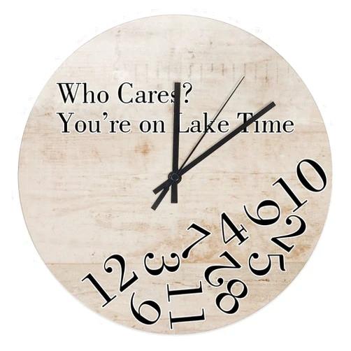 LetusZhogo Who Cares on Lake Time Wall Clock - Vintage Clock - Weathered Distressed Boards Printed Image - Rustic Cabin Country Wall Home Decor