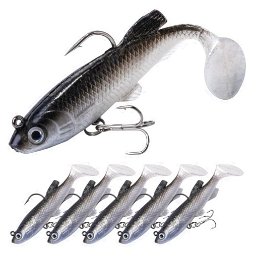 Goture Soft Fishing Lures jig Heads, Saltwater Freshwater Minnow Fishing Bait T Tail with jig Head, Fishing Lure Swim Shad Baits for Bass Fishing 5/15Pack