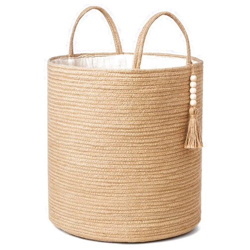 Mkono Tall Wicker Laundry Basket Woven Storage Basket Decorative Natural Rope Basket Wooden Bead Decoration for Blankets,Toys,Clothes,Shoes,Plant Organizer Bin with Handles Living Room 15
