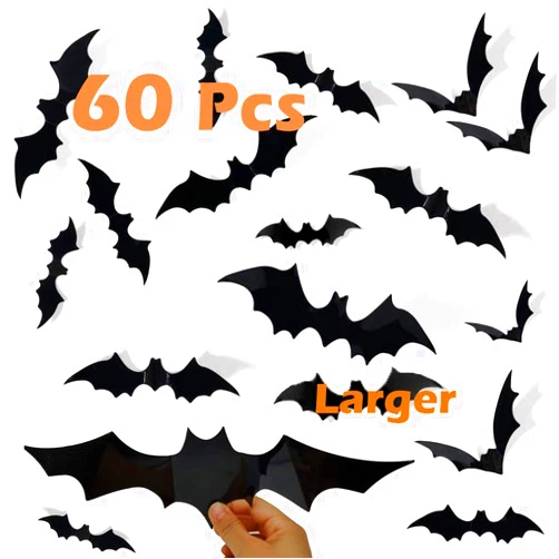 KIMIOX Halloween Decorations Bats Décor, 60 Pcs 3D PVC Paper Bats for Wall Decor Scary DIY Flying Bats Stickers, Halloween Indoor Decor Home Window Decoration Set