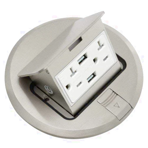 Orbit Industries FLBPU-DU-R-C-SS Round Pop-up Floor Box Cover Only with Duplex Receptacle and Dual USB Ports, Tamper Resistant, Stainless Steel