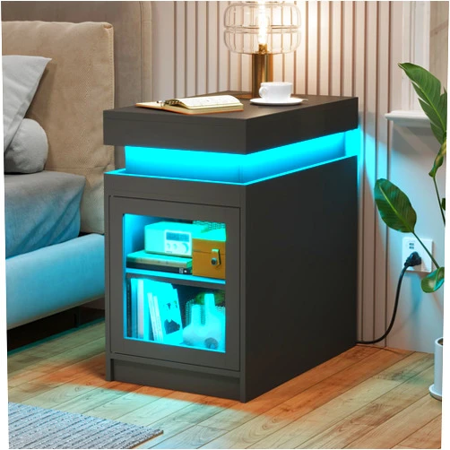 Itaar Nightstand with Charging Station and LED Lights, End Table with Sliding Top & Adjustable Shelves, Side Table Bedside Tables for Living Room, Bedroom, Black