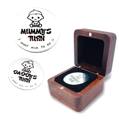 MYPAWLETS New Baby Gifts for New Parents Mom Daddy Funny Double-Sided Silver Decision Coin with Handmade Wooden Box Pregnant Gifts for First Time Moms Keepsake for Baby Memory