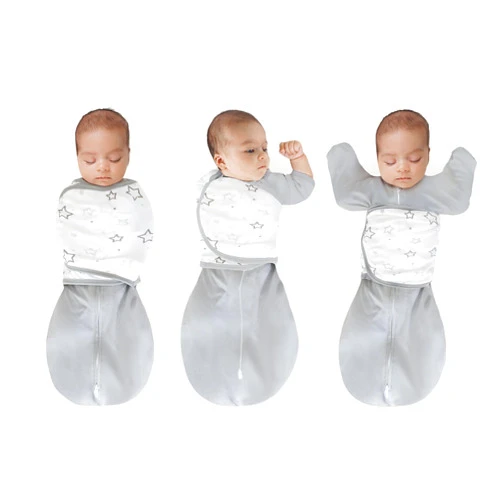 Amazing Baby Omni Transitional Swaddle, Swaddle Sleep Sack with Wrap & Arms Up Sleeves & Mitten Cuffs, Gray Stars, Small, 0-3 Months