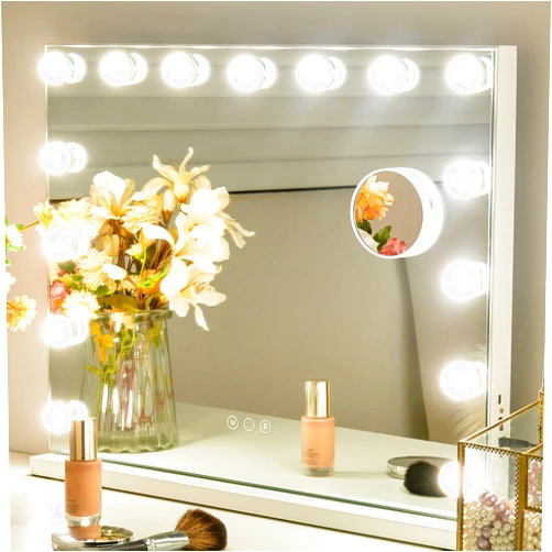 NicBex Makeup Vanity Mirror with Lights, Hollywood Makeup Mirror with Dimmable 15 LED Lights, Smart Touch with 3 Colors Adjustment and Charging Station, Glossy White-23 x19
