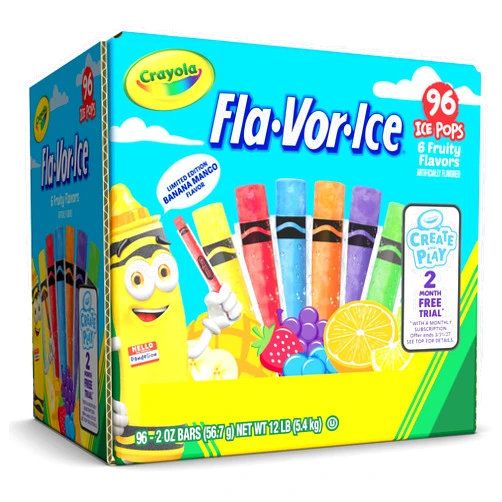 Fla-Vor-Ice Crayola Fla-Vor-Ice Popsicle Variety Pack of 2 Oz Freezer Bars, Assorted Flavors, Banana Mango, Strawberry, Berry Punch, Orange, Grape, Lemon-Lime 96 Count