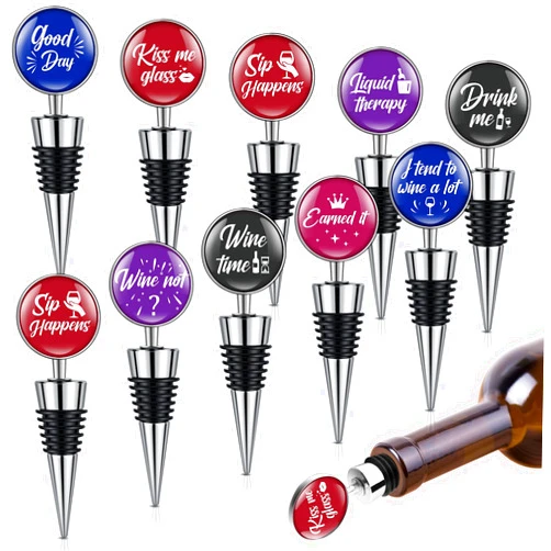 Therwen 10 Pieces Funny Wine Stopper Stainless Steel Wine Bottle Stopper Wine Corks Decorative Wine Gifts with Funny Sayings for Bar, Holiday Party, Wedding Accessories