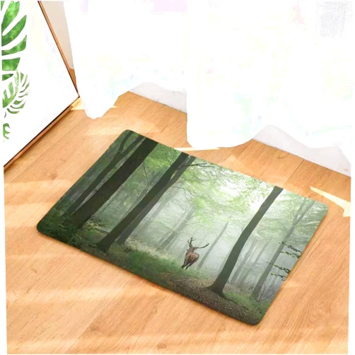 WPFZH 3D Printing Door Entrance Welcome Mat Green Forest Animal Elk Durable Flannel Door Mat Indoor and Outdoor Door Mat Floor mat Welcome mat Home Decoration gifts-40x60cm