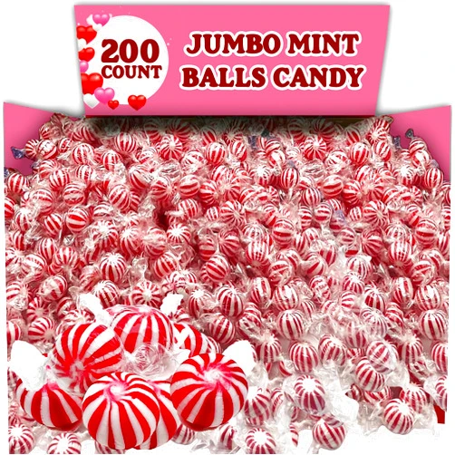 ZompoZ Peppermint Candy Jumbo Mint Balls, Bulk 200 Count, 3.96 Lb, Red and White Striped Peppermint Candy Mints, Individually Wrapped Hard Peppermint Balls Candies, Red and White Candy, Bulk Mint Hard Candy