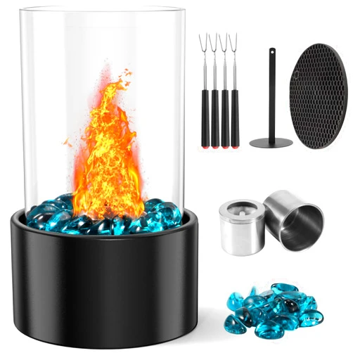 JUJUICER Tabletop Fire Pit with S'mores Maker Kit Blue Fire Glass Rock Small Table Fireplace Indoor/Outdoor Portable Mini Fire Pit Bowl Smokeless Clean Burning for Patio Home Decor Dinner Party Christmas Black