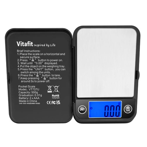Vitafit 500g Digital Pocket Gram Scale 0.01g Accuracy, Weighing Professional Since 2001, High Precision Scale Grams for: Lab, Food, Kitchen, Coffee, Jewelry; Black