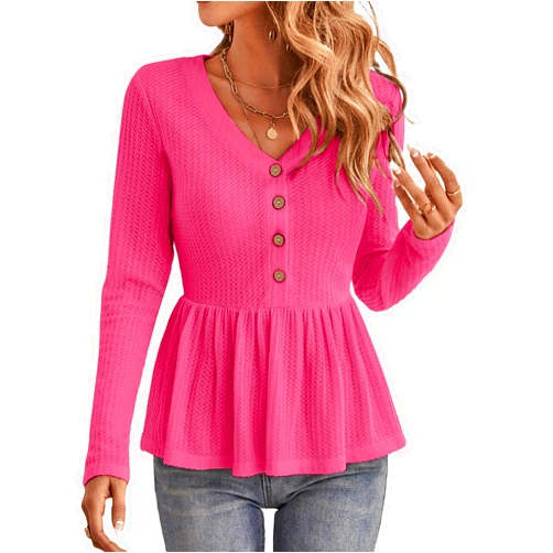 Meetrendi Women's Casual Peplum Tops V Neck Long Sleeve Waffle Knit Ruffle Hem Tunic Shirts Fall Winter 2023