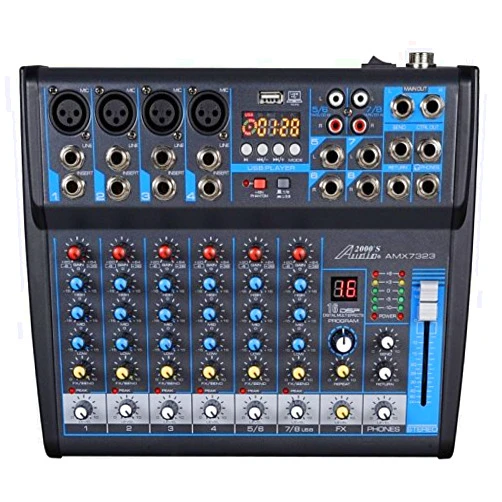 AUDIO 2000'S Audio2000'S AMX7323 Professional Eight-Channel Audio Mixer with USB Interface, Bluetooth, and DSP Sound Effects