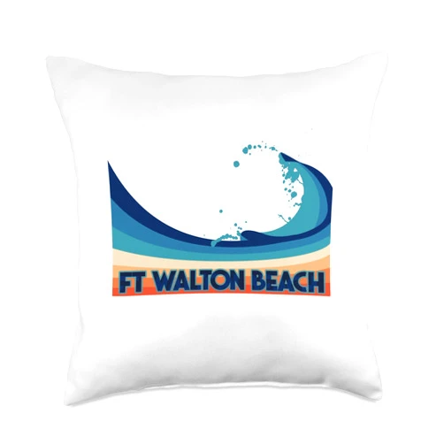 Ft Walton Beach Retro Vintage Themed Designs Ft Walton Beach Florida Retro Surf, Sailing & Fishing Throw Pillow, 18x18, Multicolor