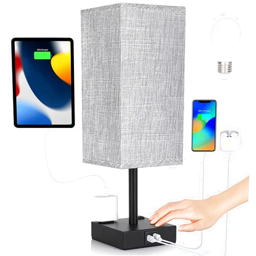 Soilsiu Bedside Table Lamp for Bedroom - Touch Small Lamp with USB C+A Charging Ports & AC Outlets, 3 Way Dimmable Nightstand Light for Living Room (LED Bulb Included, Grey)