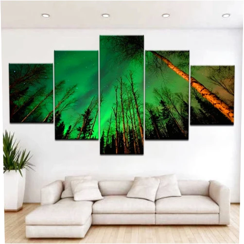ASATTI 5 Pieces Wall Art 5 Panel Wall Art Canvas Painting Beautiful Forest Green Light Star Nature Landscape For Modern Bedroom,Living Room,Office Wall Decoration,Gift Large Size Framed Artwork
