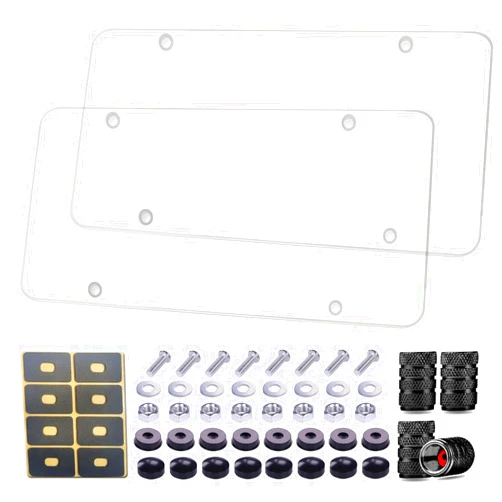 Keyiduid License Plate Covers, Clear Flat License Plate Cover, Novelty Unbreakable Car Tag Frame Protector for Vehicles/Trucks, with Screws, Black Caps, Rattle Proof Pads, Tire Valve Caps, 2 Sets