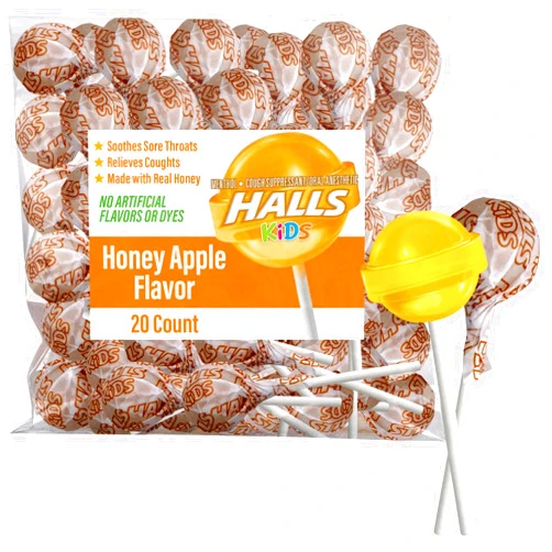 GEEOOLLAH Halls Kids Sore Throat & Cough Pops - 20 Individually Wrapped Lollipops - Delicious Apple Honey Sticks – Delicious Apple Honey Sticks (20 Pops)