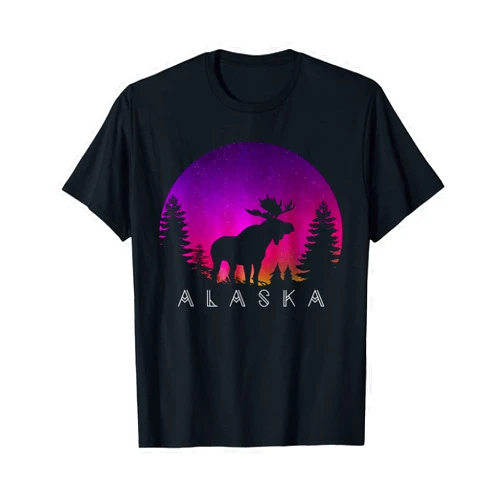 Alaska Day Moose Silhouette Shirts & Gifts Alaska Moose Aurora Borealis - Alaskan Landscape Photo T-Shirt