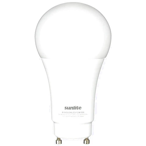 Sunlite A19 GU24 Dimmable Light Bulb, 12 Watts (75W Equivalent) 1100 Lumens, 2 Prong LED Twist and Lock Base, ETL Listed, Rated for Enclosed Fixtures, 5000K Daylight, 1 Pack