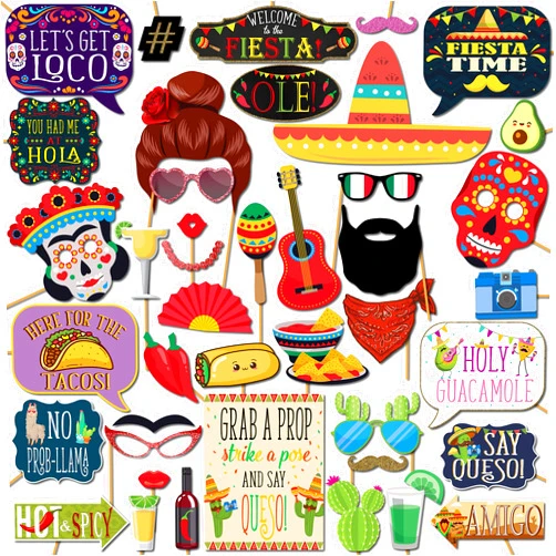 Outside The Booth Fiesta Photo Booth Props - 41-pc Photobooth Kit with 8 x 10-Inch Sign, 60 Adhesive Pads, 45 Sticks - Mexican Photo Prop - Fiesta Props - Photo Booth Props Cinco de Mayo