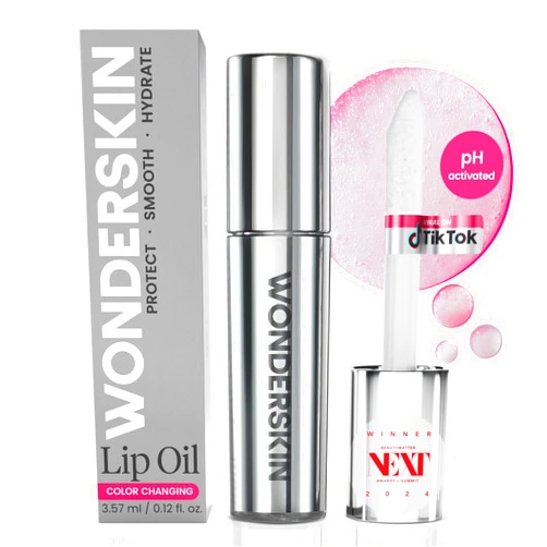 Wonderskin Lip Rehab Serum Oil - Color Changing Lip Oil from Clear to Pink - PH-activated, Non-sticky & Hydrating Tinted Serum for Dry Lips (Kissed)
