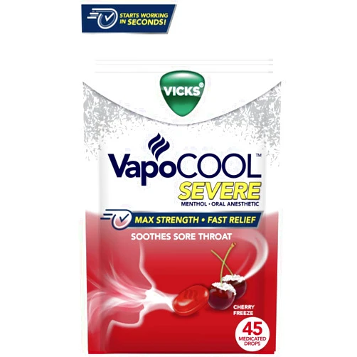 Vicks VapoCool Severe Medicated Sore Throat Drops, Max Strength Menthol, Soothes Sore Throat Pain, Cherry Flavor, 45ct