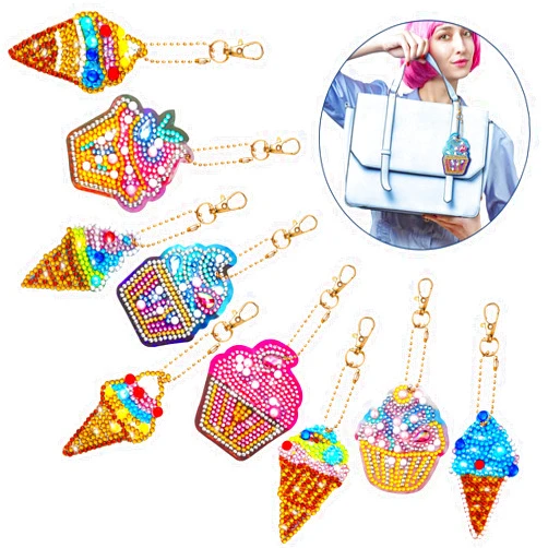 WILLBOND 9 Pieces 5D Diamond Painting Keychain Kit, Ice Cream DIY Full Drill Pendant Kit for Art Craft Key Ring Phone Charm Bag Decor, 2 Styles