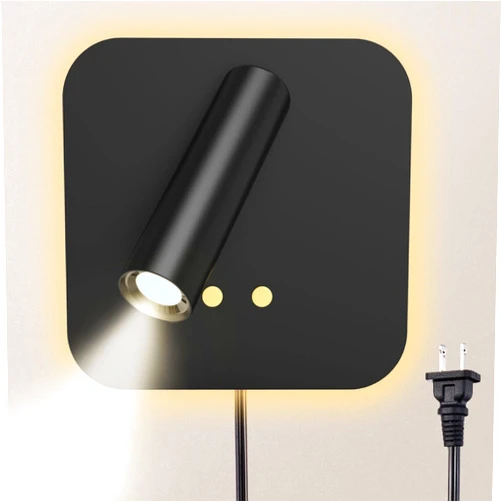 KINGTOP Dimmable Wall Mounted Reading Light, Plug in Wall Sconce, Hardwire Bedside Wall Lamp, 3W Headboard Reading Lamp+9W Ambient Backlight, 350° Rotatable Bedside Light for Bedroom