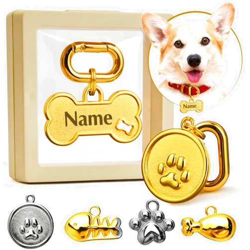 HOPELF 3D Personalized Engraved Dog Tag for Pets - Custom ID Name Tag for Cats, Dogs and Puppies - Durable Metal Collar Charm Products - Birthday Gift, Essential Stuff Accessories for Pet - Gold Bone Paw