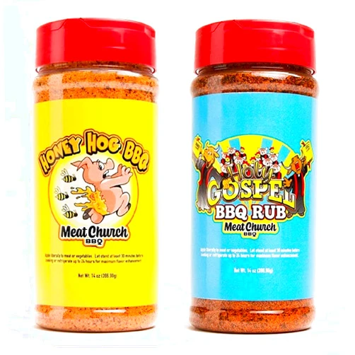 Meat Church BBQ Rub Combo: Honey Hog (14 oz) and Holy Gospel (14 oz) BBQ Rub and Seasoning for Meat and Vegetables, Gluten Free, One Bottle of Each