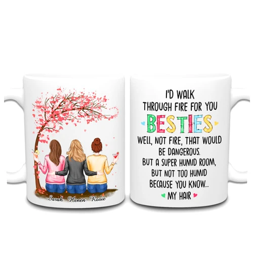 WHIDOBE Personalized Sister Coffee Mug (3 Sisters) Custom Sister Gift from Sister with Design, Names - Birthday, Xmas Cup Gift for Soul Sister, Women Friend - I'd Walk Through Fire for You Besties