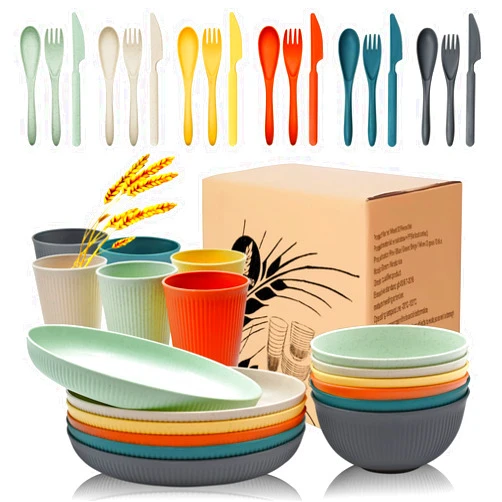 LYHLYA 36Pcs Wheat Straw Plates and Bowls Sets, Wheat Straw Dinnerware Sets for 6 with Plates, Cups, Knives, Forks and Spoons Reusable Plates Set Dishes Set Dishwasher and Microwave Safe Plates
