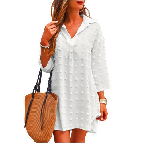 Ekouaer Women's Swimsuit Beach Cover Ups Shirt Chiffon Bikini Bathing Suit Swiss Dot Beach Shirt S-XXXL