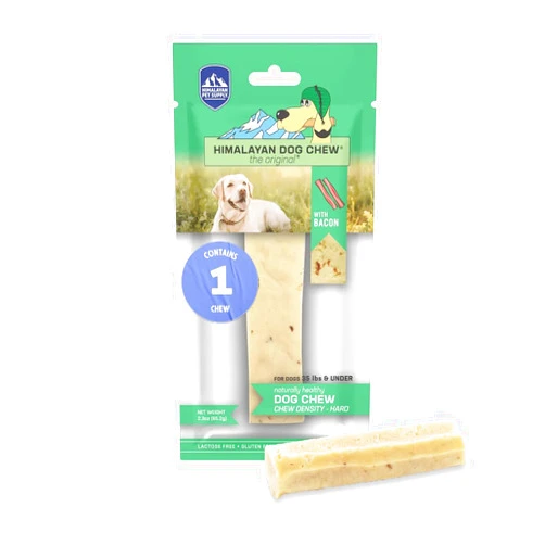 Himalayan Dog Chew Yak Cheese Dog Chews, 100% Natural, Long Lasting, Gluten Free, Healthy & Safe Dog Treats, Lactose & Grain Free, Protein Rich, Medium Dogs 35 Lbs & Smaller, Real Bacon Bits, 2.3 oz