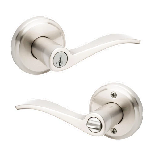 Kwikset Sedona Entry Door Handle with Lock and Key, Secure Keyed Reversible Lever Exterior, for Front Entrance and Bedrooms, Satin Nickel, Pick Resistant Smartkey Rekey Security and Microban