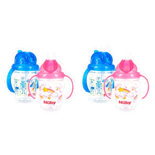 Nuby Tritan 2-Handle No-Spill Flip-it Fat Straw Printed Cup - 8oz/ 240 ml, 12+ Months, 1pk Prints May Vary (Pack of 2)