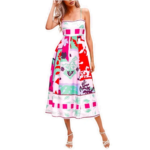 FONMA Womens Cute Print Maxi Cami Dress Loose Sleeveless Spaghetti Strap Boho Dress Flowy Graffiti Long A Line Sundress