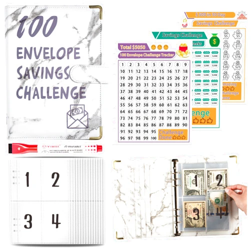 ATkits 100 Envelopes Challenge Binder Savings Challenges Book, A5 Money Saving Planner Cash Envelope Budget Binder with Erasable Pen, Easy and Fun Way to Save $5,050, 10,000 and $500 (Marble White)