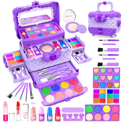 Dpai 54 Pcs Kids Makeup Kit for Girls, Princess Real Washable Pretend Play Cosmetic Set Toys with Mirror, Non-Toxic & Safe, Birthday Gifts for 3 4 5 6 7 8 9 10 Years Old Girls Kids (Purple)