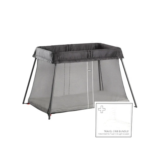 BabyBjörn Travel Crib Light + Fitted Sheet Bundle Pack, Black, One Size (640001US)