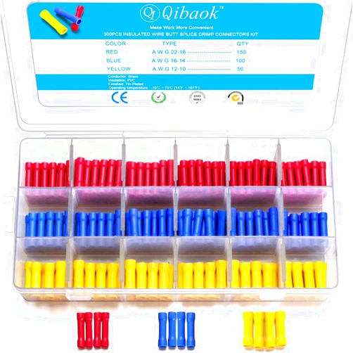 Qibaok 300 PCS Butt Splice Crimp Connectors Insulated Electrical Straight Wire Terminal Connectors 10-22AWG