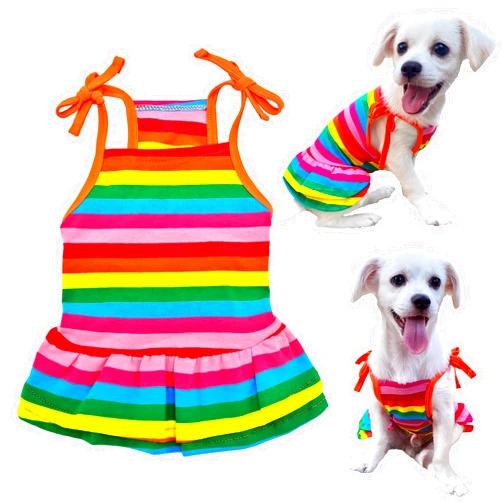 LKEX Dog Shirt Rainbow Striped Puppy Dresses Clothes Colorful Pet Sleeveless Vest T-Shirt, Summer Skirt Cute Girls Tether Dress Outfits for Small Medium Dogs Cat Top Costume Breathable Apparel XS