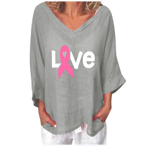 SMIDOW Women 3/4 Sleeve Cotton Linen Breast Cancer Awareness Shirts Ribbon Love Letter Print Tee Shirt Cancer Warrior Tops